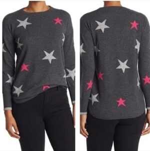 Catherine Malandrino 100% Cashmere Sweater Pullover Gray Stars Print Long Sleeve